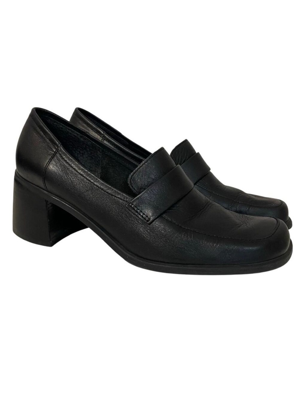 Nine West Westies 90s Block Heel Loafers Black Leather Slip On Women's 9.5